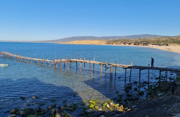 Quais en bois sur la plage de Korbous, illustrant la beauté naturelle de la mer et du littoral