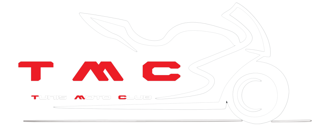Logo transparent du Tunis Moto Club (TMC) représentant une moto blanche sur fond noir, avec les lettres 'TMC' en rouge et 'Tunis Moto Club' en rouge et blanc en bas